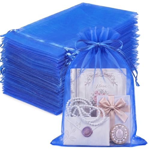 Image of FUNFERY 100PCS Royal Blue Organza Gift Bags 6x9in,Drawstring Jewelry Pouch