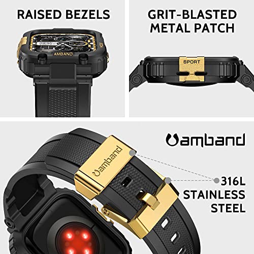 Image of amBand Bands Compatible with Apple Watch 9 /8 /7 45mm, M1 Sport Series Rugged Case Protective Cover for iWatch 6 /SE (3 /2 /1) /5 /4 /3 44mm 42mm Black Gold