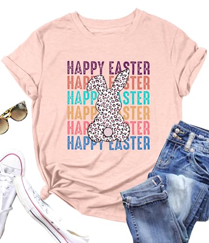 Image of Women Happy Easter T Shirt Bunny Rabbit Graphic T-Shirt Funny Letter Printed Shirts Short Sleeve Tops