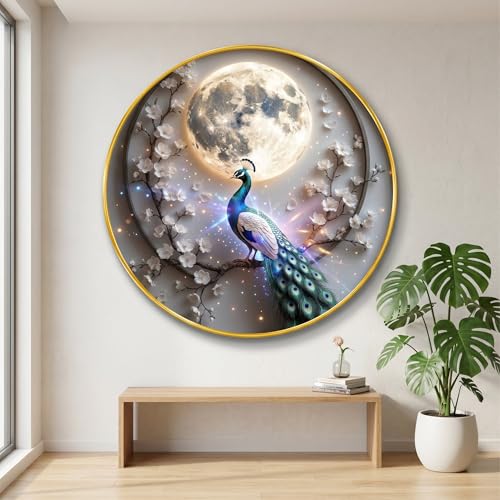 Image of SAF Peacock Moon Wall Painting with Golden PVC Frame Round Night Scene Bird Artwork Decorative Wall Decor for Living Room Bedroom Home Office Elegant Gift Item (23 x 23 Inch) GR-370