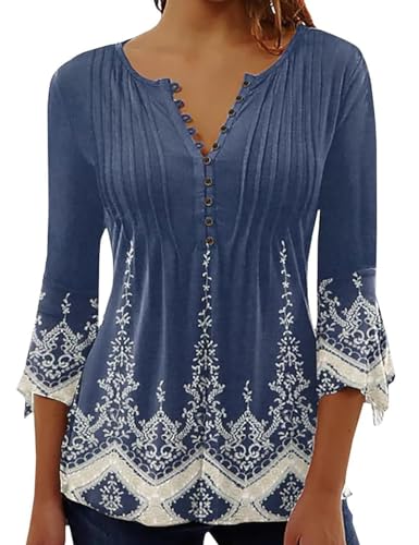 ABYOVRT Blusa de Mujer Camisa Elegante Manga 3/4 Cuello V Estampadas Camiseta Casual Holgada Verano,Azul-2,M