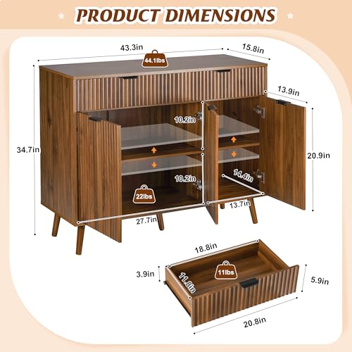 LYNCOHOME Fluted Sideboard Buffet Cabinet with Storage,2 Drawers and 3 Doors,Wood Coffee Bar Cabinet with Solid Wood Feet for Kitchen,Hallway - Image 3