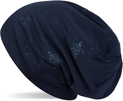 styleBREAKER Czapka beanie z gwiazdami i kamieniami strasu, Slouch Longbeanie, damska 04024116, niebieski (Midnight-blue) / ciemnoniebieski.