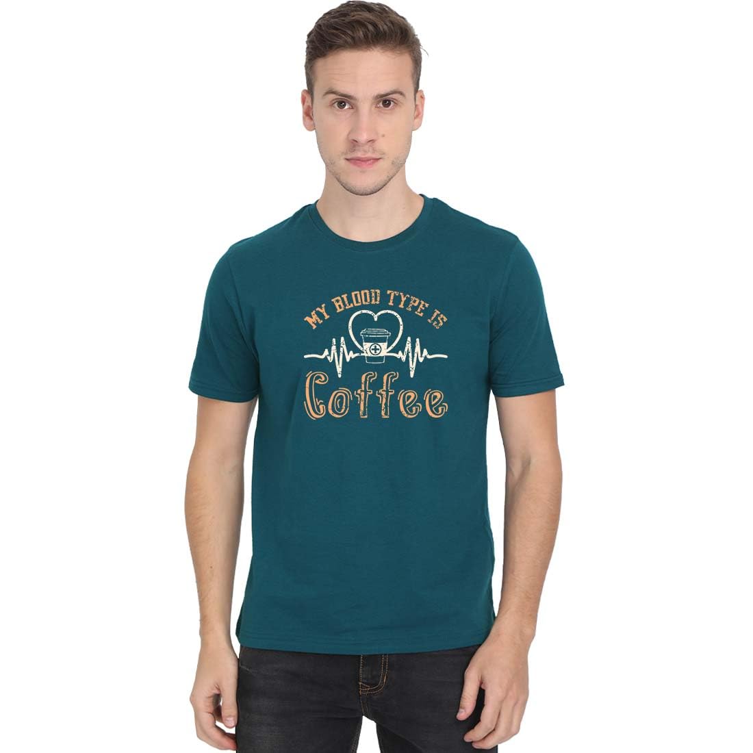 Crazy PunchMy Blood Type is Coffee Men Half Sleeve Petrol Coffee T-Shirt