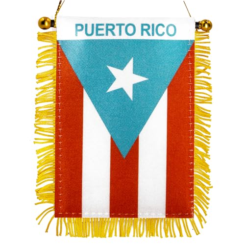 Anley 4 X 6 Inch Light Blue Puerto Rico Fringy Window Hanging Flag - Mini Banner & Car Rearview Mirror Dcor - Fringed Puerto Rican Flag with Suction Cup