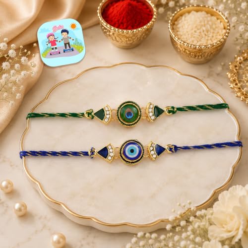 Image of CraftVatika Evil Eye Rakhi with Gift for Brother Boy Men, Designer Peacock Feather Rakhi Set for Brother, Premium Rakhis for Rakshabandhan with Fridge Magent Gift, Best Wishes Card and Tillak Set