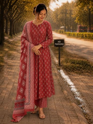 Image of ANNI Designer Women's Rayon Viscose Anarkali Kurta Set with Pant and Dupatta | Stylish Long Kurti Dress for Festive, Party, and Ethnic Wear