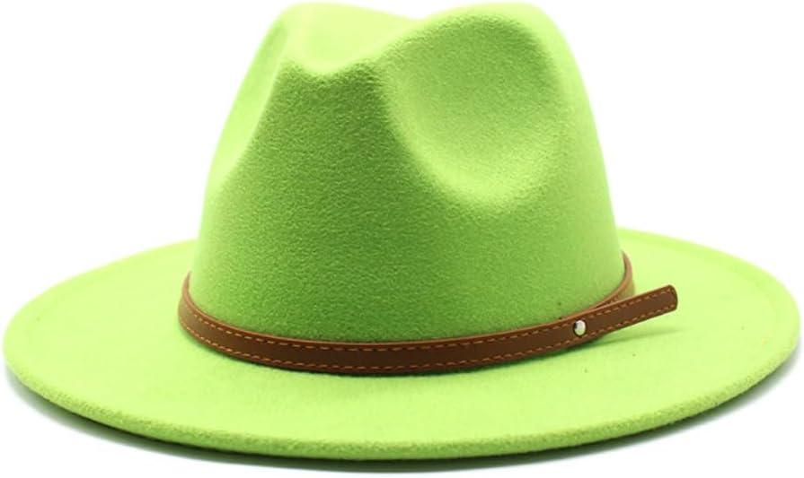 Classic Wide Brim Wool Fedora Hat, Black with Brown Leather Band
