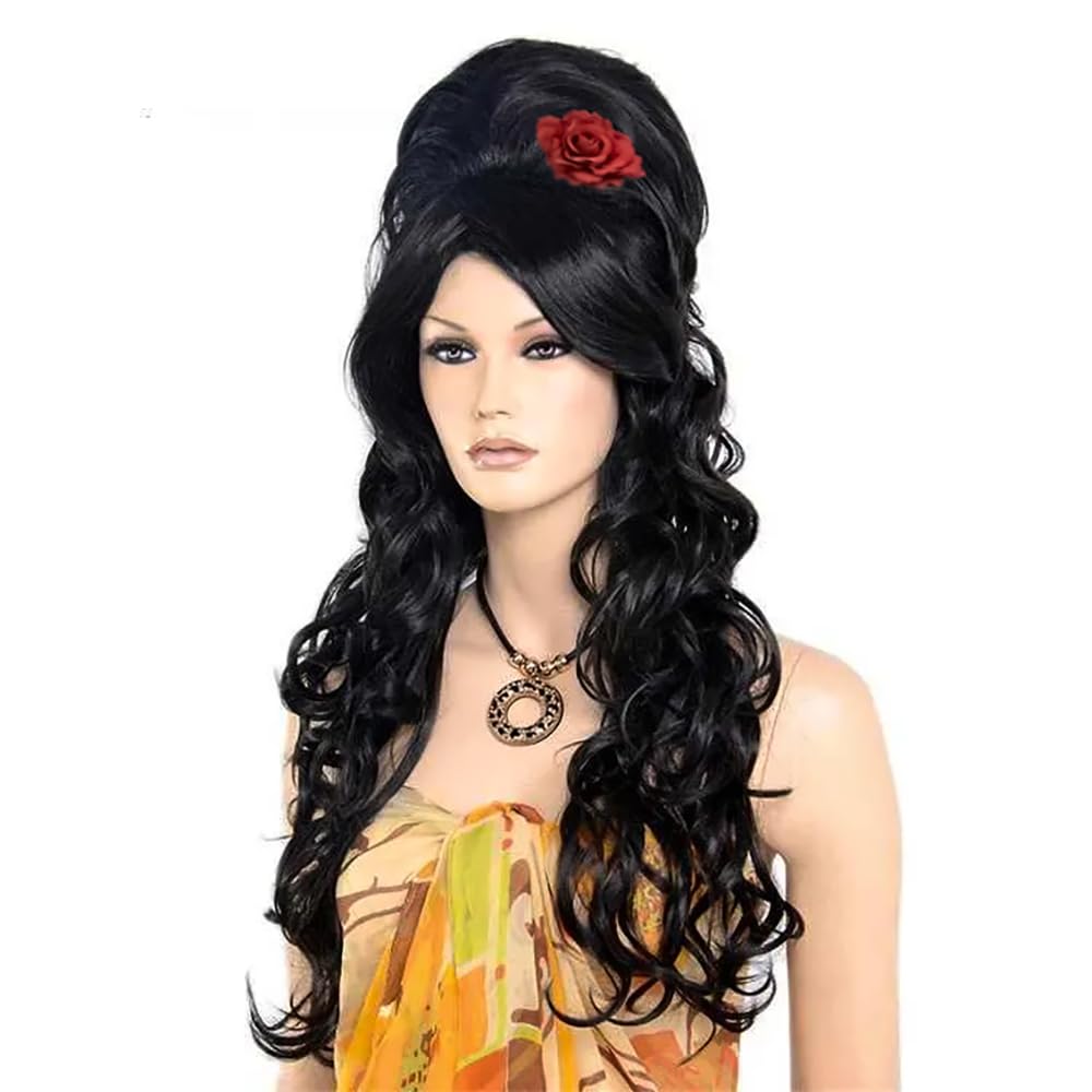 PORSMEER Compatible with Amy Winehouse Wig -Long Black Bouffant Beehive Curly Wig with Red Flower For Women Fancy Dress or 90s Costume Halloween Party - Image 3