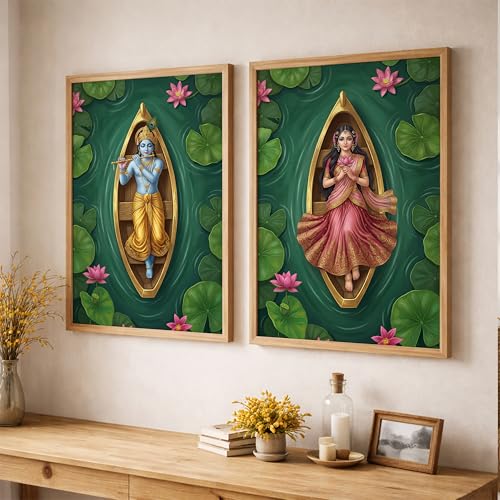 Image of Suneree Radha Krishna 3D Lotus Pond Wall Art Painting | Set of 2 Framed Paintings | Spiritual Indian Decor for Living Room Bedroom Pooja Room | (ART 9, 13x19 INCHES)
