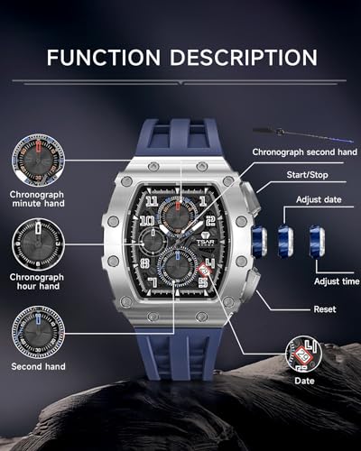 Image of TSAR BOMBA Men's Luxury Quartz Watch, Luminous Dial 5ATM Water Resistance Silicone Strap Men's Wristwatch Ideal Gift for Men