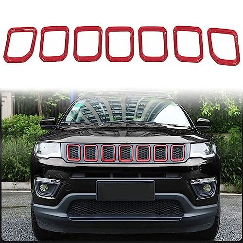 Image of Front Grille Grill Inserts Cover Compatible with Jeep Compass 2017 2018 2019 2020 2021 ABS Grill Cover Rings Frame Trims Kit 7PC (Red)