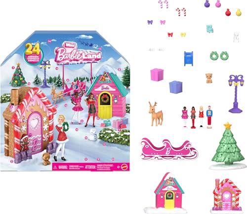 Barbie Mini Land Collectible Advent Calendar with 1.5-Inch Dolls & 24 Days of Surprises Winter Village Play Areas for Storytelling Fun