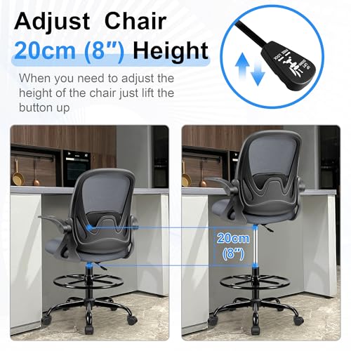 Image of Drafting Chair Tall Office Chair with Flip-up Armrests, Adjustable Height, Enhanced Lumbar Support Ergonomic Rolling Stool, Back Support, Adjustable Foot Rest Ring for Standing Desk Dark Gray