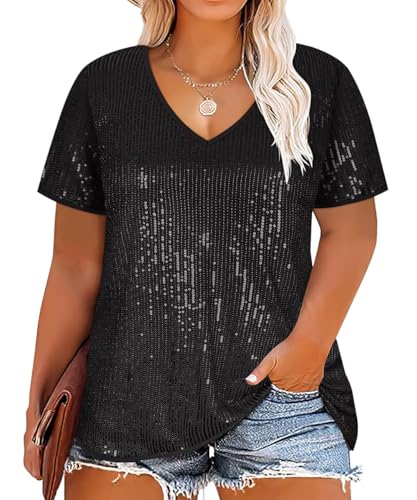 TIYOMI Plus Size Sequin Tops Short Sleeve Shirts for Women V-Neck Party Sparkly Tunics XL-5XL