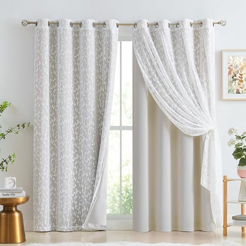 Image of Mix Matched Beige Full Blackout & Sheer Leaf Lace Curtains 52 inchWx63L 4Panels | White Lace Sheer Leaf & Beige Blackout Combo Set, 2 Blackout+2 Sheer Panels, 4-Piece Set, Mix and Match Style Grommet Top