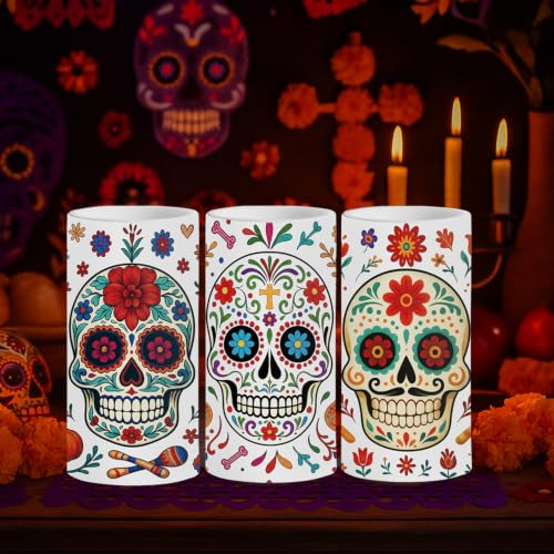 Image of Dia De Los Muertos Flameless Candles with Timer Remote 3 Pack | Halloween Flameless LED Candle Battery Operated Sugar Skull Day of The Dead Decoration