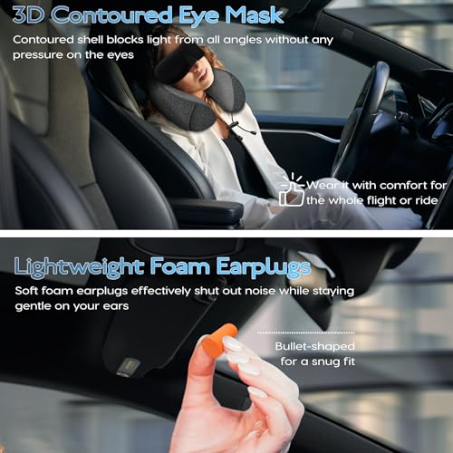 SOMLAW Nackenkissen Flugzeug - Reisekissen 100% Memory Foam - Tragbares Flugkissen - mit 3D-Schlafmaske und Ohrstöpsel - Ideal für Flugzeugstuhl, Auto, Zuhause, Büro, Schlafkissen