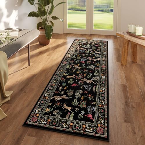 Runner Rug for Kitchen Rug Non Slip 2'6''x8' Washable Rugs with Rubber Backing Soft Floral Animal Carpet Runner for Kitchen, Laundry, Bedroom, Bathroom (Black)