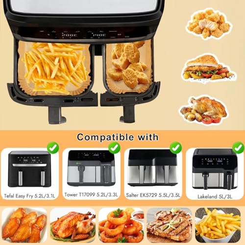 100 Stück Backpapier für Tefal EY9018 Dual Easy Fry EY905D 5,2/3,1 L, Backpapier für Heißluftfritteuse Philips Dual Basket Airfryer 3000-Serie, Moulinex 8,3 L, DMS, Cecotec, Luftfritteusen Zubehör – Bild 3