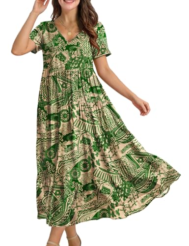 Image of YESNO Women's Summer Maxi Dresses Casual Floral Short Sleeve V Neck Boho Beach Vacation Swing Dress with Pockets EVF
