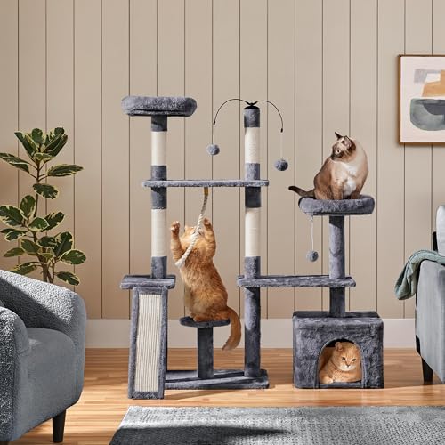 Yaheetech Rotatable Cat Tree 53.5in Multi-Level Cat Tower for Indoor Kittens/Large Cats, Pet House with Scratching Posts,Climbing Furniture Play Center, Dark Gray