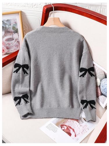 Image of BEAUDRM Girl's Cute Bow Sweater Crew Neck Long Sleeve Drop Shoulder Loose Pullover Tops