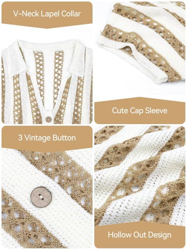 Image of Womens Striped Crochet Sweater Summer Short Sleeve V-Neck Button Knit Tops Y2k Hollow Out Crop Blouse Cardigan