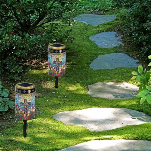 Image of Solar Garden Lights, Cross Tulip Pattern Outside Waterproof Light for Garden Yard Pathway Cemetery Grave Decor Night Path Lights