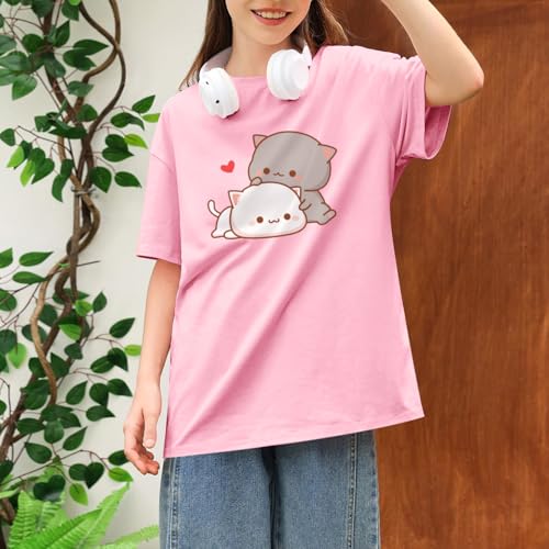 Image of KEEVICI Cute Cat Shirts for Girls Graphic Tees Kids Kawaii Cartoon Animal Print T Shirt Summer Cotton Short Sleeve Tops