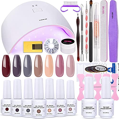 Gel Nail Polish Kit, 6 Colors Gel Nail Polish Starter Set with 36W LED Nail Dryer Lamp and Base Top Coat Home DIY Beginner Kit (Colorful)