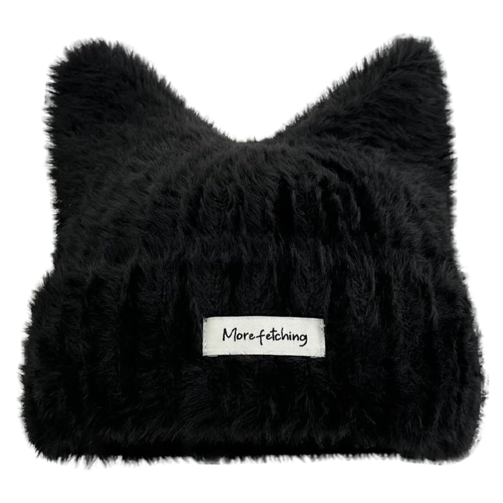 Caissip Women's Cat Ear Knitted Beanie, Cotton Blend, Black, One Size