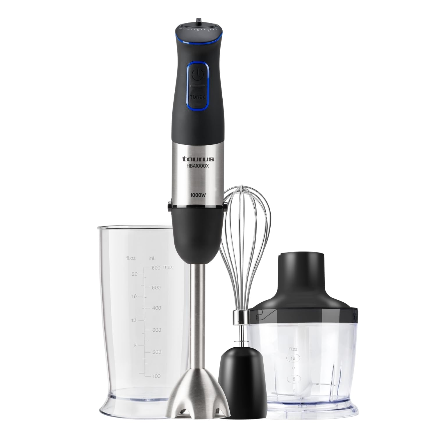Taurus Amazing - Batidora de mano potente AHB1000X, 1000 W, Regulador 20 velocidades, Función Turbo, 4 Cuchillas de acero inoxidable, Diseño ergonómico soft-touch, Incluye vaso medidor, Negro — view 10