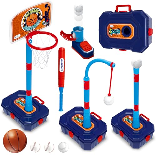 4 in 1 Basketball Hoop for Kids 1-3, 3-5, Toddler Basketball Goal and T Ball Set, Adjustable...