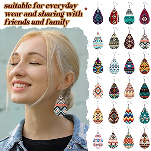 24 Pairs Western Cowgirl Faux Leather Earrings Set Boho Aztec Pattern Earrings Handmade Teardrop Dangle for Women3