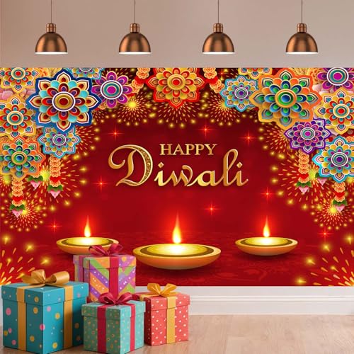 Image of 15x10FT Happy Diwali Backdrop Banner Decor, Festival Lights Indian Happy Diwali Decorations Party Supplies Deepavali Photography Background for Indoor Outdoor Garden,Yard, Party Home Decor