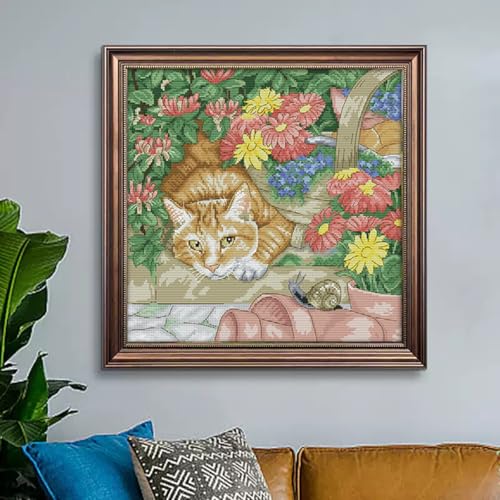 Image of Cats Stamped Cross stitch, 11CT Printed Cross Stitch Kits , Holiday Gift DIY Needlepoint Kits, Easy Patterns Embroidery for Adults Arts and Crafts Home Decor-Cat and snail(11CT) 18.50 x18.50 inch