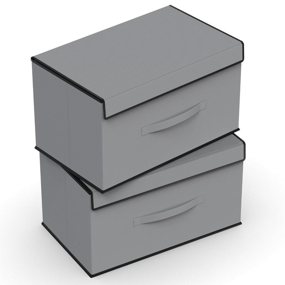 M Teaser Non-Woven Multipurpose Foldable Storage Box Wardrobe Closet Organizer Stackable Basket/Bins with Lid & Side Handle for Clothes, Toys, Books (Dark Grey, Pack of 2)