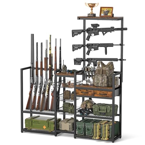 ikkle Large Gun Rack Floor Rifle Racks with Pistol Rack, 11-Layer Indoor Shotgun Holder with 2 Drawer for Gun Displaying, Wooden Gun Storage Stand for 10 Rifles & 4 Handguns