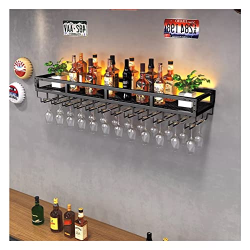 Botellero flotante con iluminación LED – Unidad de bar de pared con soporte de botella de hierro y estante de vidrio trenzado para el hogar bar y comedor - Elegante solución de almacenamiento de vino
