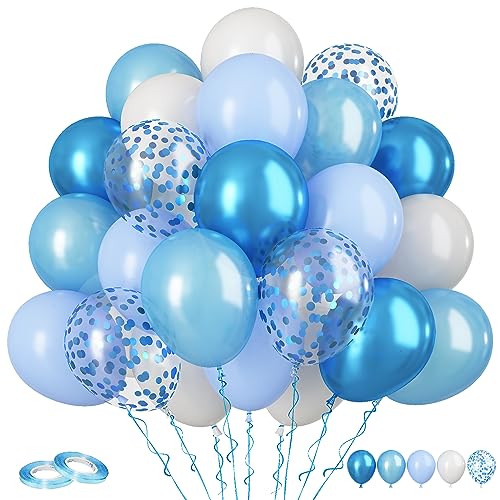 Image of 60pcs Blue & White Balloons - 12in Metallic Blue Pearl Confetti Latex - Boys Birthday, Baby Shower, Wedding Decorations