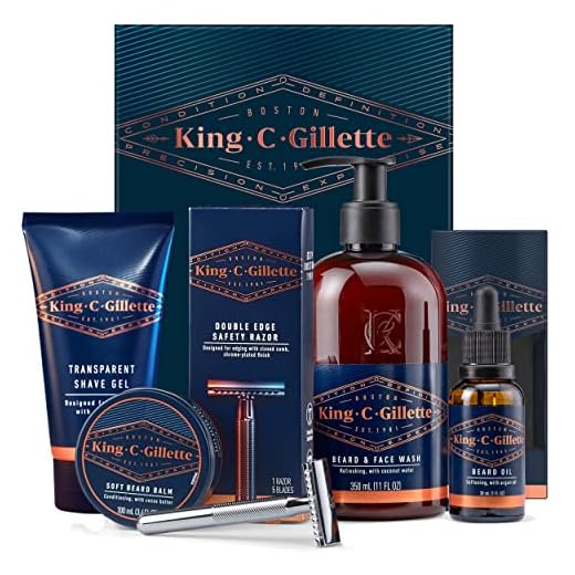 King C. Gillette Complete Men's Beard Care Gift Kit, Double Edge Safety Razor, Beard and Face Wash, Beard Oil, Beard Balm, Shave Gel
