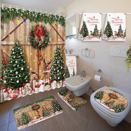 Nuanchu 6 Pcs Christmas Shower Curtain Set with Rug Bathroom
