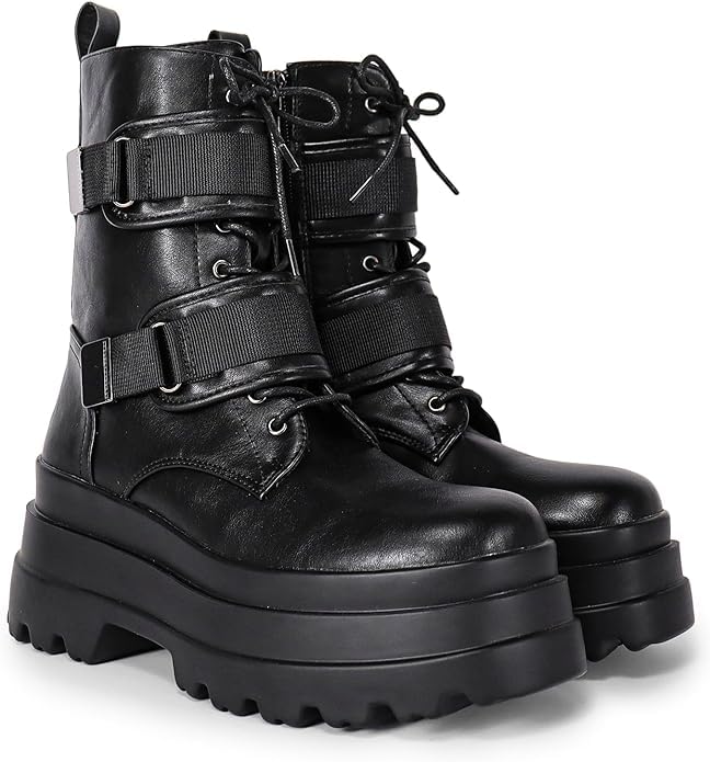 Liliana Women's Combat Boots Square Toe Lace Up Booties Fashion Chunky Platform Boots Jaded-22