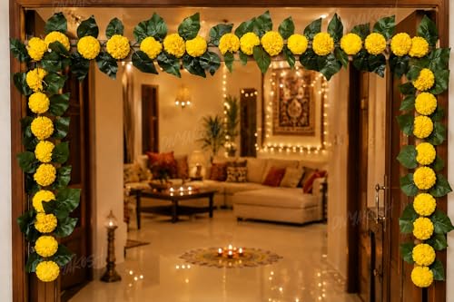 Image of Divyakosh Mango Leaf Vine /Creeper with Marigold Flowers for Door Entrance Decor - 80 Inch Artificial Floral Thoran /Bandarwal /Galrand, Festive Hanging for Diwali Pooja Ganpati Navratri Home