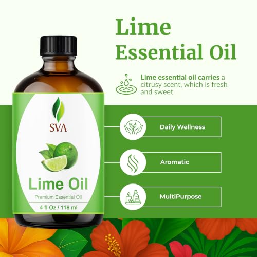 Image of SVA Lime Essential Oil - 4 Fl Oz - for Diffuser, Skin & Hair Care - Ideal for Massage & DIY Blends - with Dropper