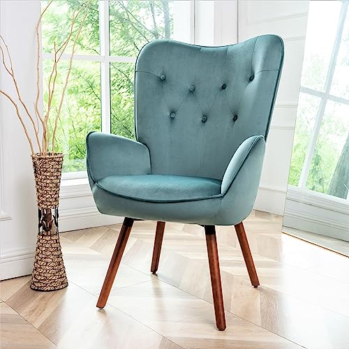 Container Furniture Direct Chic Accent Arm Chairs for Living Room, Bedroom, or Home Office, Button-Tufted Midcentury Armchair with Wingback Design and Splayed Legs, Teal by Container Furniture Direct - Image 9