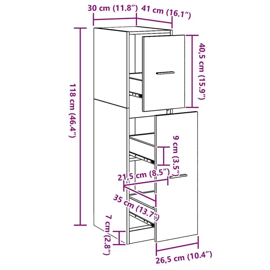 Armoire à pharmacie en chêne noir, 30 x 41 x 118 cm, avec 2 tiroirs, espace de rangement et compartiments pour bureau, salon, cuisine, salle de bain, pour ranger et ranger