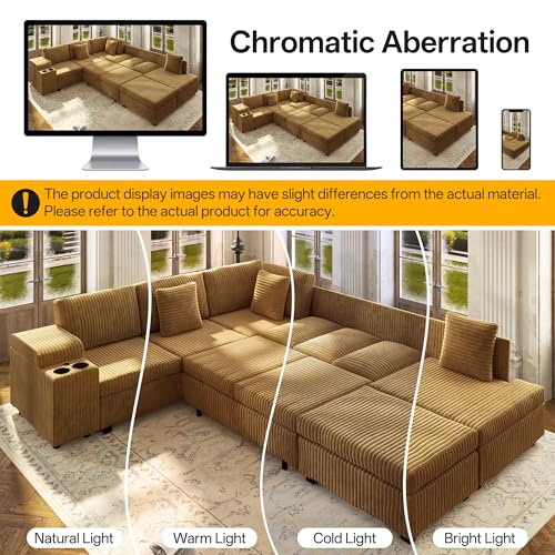 Image of KEIKI 110 inch L-Shaped Oversized Plush Corduroy Modular Sectional Sofa with Pull-Out Bed, Convertible 6-Seater Sleeper Couch Bed with 1 Ottomans & USB & Cup Holders, Easy Assembly, for Living Room, Camel