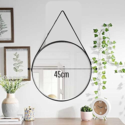 Espelho Decorativo Redondo 45cm Adnet Suspenso C/Alça Couro (Preto)